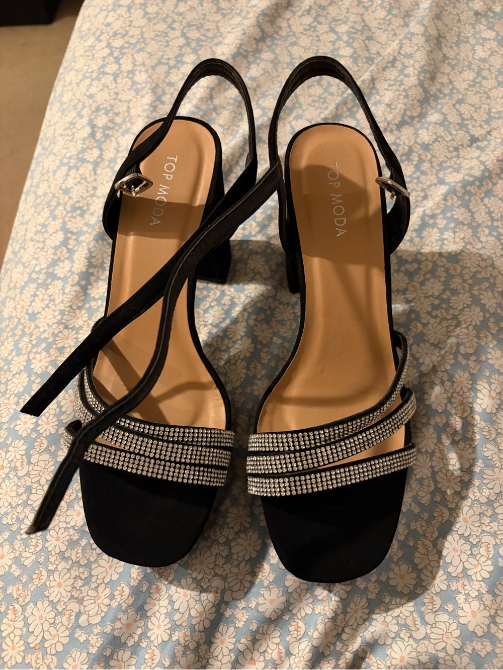 TOP Moda Black Rhinestone Strap Slingback Block Heels
